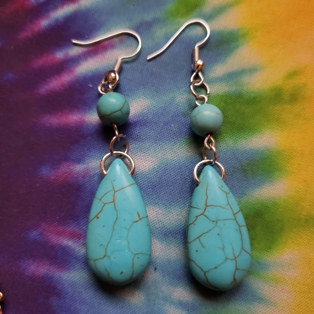 Handmade Boho Turquoise Dangle Earrings - Picture 2 of 2